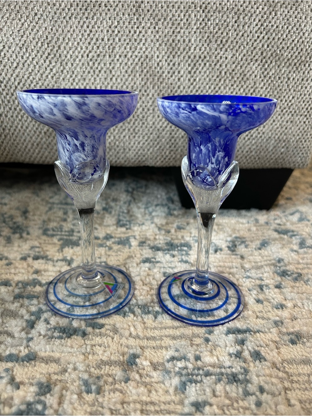 2 Vintage Cobalt Blue White Speckle Josefina Makora Krosno candle holders